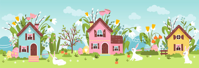 Wall Mural - Cute Easter Egg hunt design for children, hand drawn with cute bunnies, eggs and decorations - great for party invitations, banners, wallpapers - vector