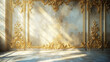 Classic luxury interior wall with mouldings, golden decoration details, faded floral baroque. Copy space. Generative AI