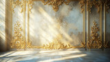 Fototapeta  - Classic luxury interior wall with mouldings, golden decoration details, faded floral baroque. Copy space. Generative AI