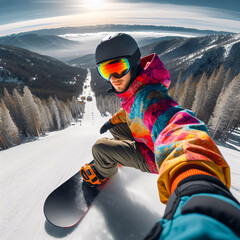 Wall Mural - Man in sport clothes on the top of mountains with snowboard