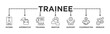 © wahyu - Trainee banner web icon vector illustration concept for internship training and learning program apprenticeship with an icon of intern, apprentice, training, mentor, support, cooperation and improve