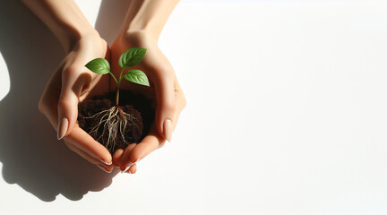 Wall Mural - Womans hands holding green sprout with soil, copy space