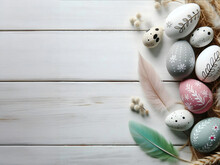 Colorful Easter Eggs On White Wooden Background, Easter Card Concept