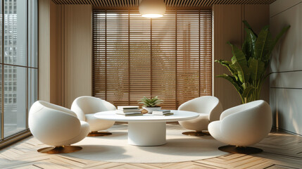 Poster - A contemporary living room featuring a white round table with books, surrounded by three curved armchairs, with a potted plant adding a touch of greenery