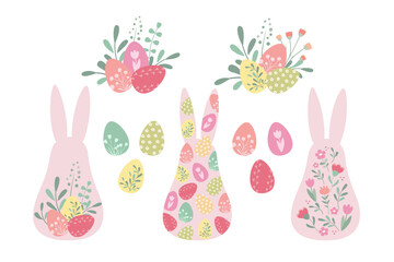 Wall Mural - Cute easter collection in simple design. Easter bunny set in vintage style.