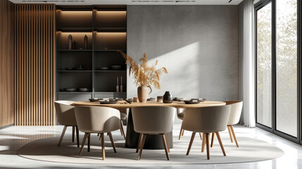 Poster - Inviting living area with sculptural chairs and a textured pendant light, complemented by abstract wall art and a peaceful natural palette