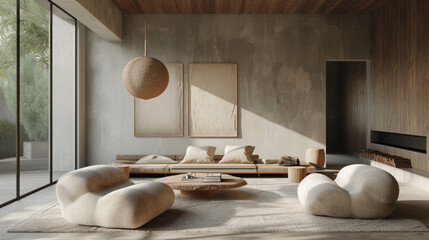 Poster - Inviting living area with sculptural chairs and a textured pendant light, complemented by abstract wall art and a peaceful natural palette