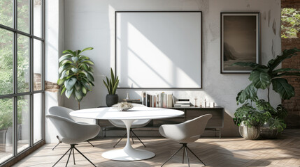 Poster - the essence of modern interior design, featuring a minimalist dining area bathed in natural sunlight with lush green plants, creating a serene and inviting space.