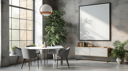 Poster - the essence of modern interior design, featuring a minimalist dining area bathed in natural sunlight with lush green plants, creating a serene and inviting space.