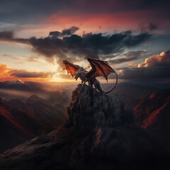 Canvas Print - Dragon dramatic sunset in clouds