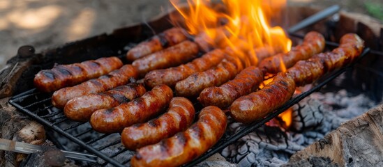 Wall Mural - Assorted sausages such as Mettwurst, Thuringian, Chorizo, and Loukaniko are roasting on a grill over a fire, a popular cuisine for fast food lovers