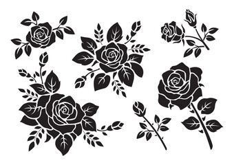 Wall Mural - set of roses vector illustration, black silhouette on white background, isolated elements