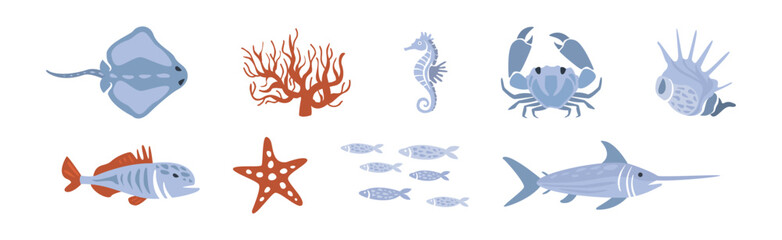 Wall Mural - Sea Animals and Marine Creature Floating in Ocean Vector Set