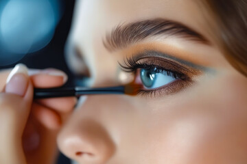 Woman is applying eye shadow and lining her eyes with black pencil.