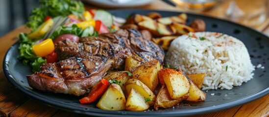 Canvas Print - Delicious plate of grilled meat, roasted potatoes, and fresh vegetables for a hearty meal