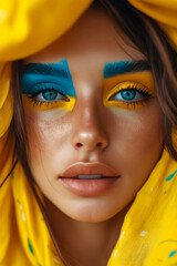 Canvas Print - Woman with blue eyes and yellow and blue face paint.