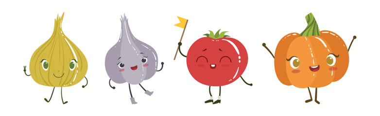 Sticker - Ripe Funny Vegetable Character with Smiling Face Vector Set