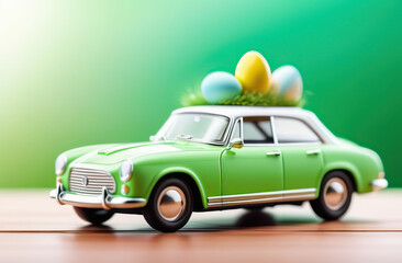 Wall Mural - banner with space for text. Retro toy car carrying an Easter egg on the roof. light green blurred background Easter concept 