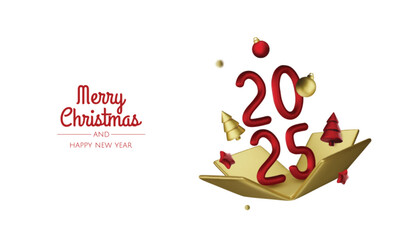 Wall Mural - 2025 Happy New Year. Realistic gift box Golden metal number. 3d render gold metallic sign and text letter. Christmas Poster, banner, cover card, brochure, flyer, layout design.