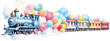 Watercolor train with party balloons kid illustration