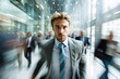 © FutureStock - Portrait of businessman at rush hour walking through the office corridor or train station terminal.