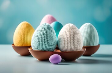 Wall Mural - A delightful trio of Easter eggs, each with its own heartwarming gaze and a soft knitted pom-pom hat, arrayed against a gentle background, bringing a touch of Easter cheer 