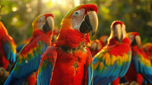 High In The Canopy Of A Dense Forest, A Group Of Colorful Macaws Gathers To Feast On Ripe Fruits, Their Raucous Calls Filling The Air With Energy And Excitement. 