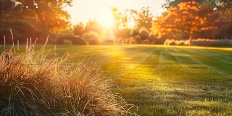 Wall Mural - Sunlit meadow with delicate grass flowers capturing enchanting beauty of nature at sunset picturesque landscape bathed in golden sunlight perfect for illustrating and freshness of summer evening