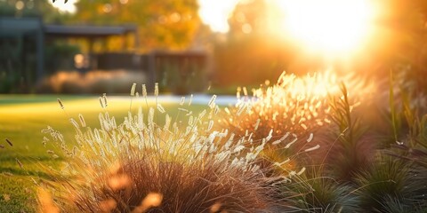 Wall Mural - Sunlit meadow with delicate grass flowers capturing enchanting beauty of nature at sunset picturesque landscape bathed in golden sunlight perfect for illustrating and freshness of summer evening