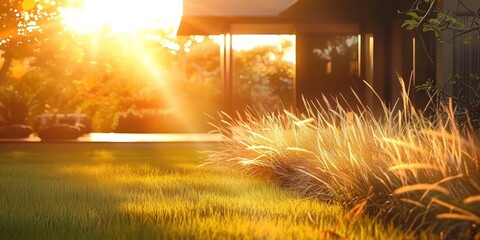 Wall Mural - Sunlit meadow with delicate grass flowers capturing enchanting beauty of nature at sunset picturesque landscape bathed in golden sunlight perfect for illustrating and freshness of summer evening