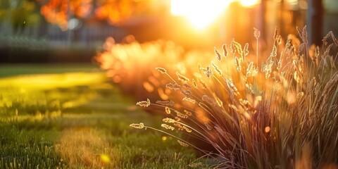 Wall Mural - Sunlit meadow with delicate grass flowers capturing enchanting beauty of nature at sunset picturesque landscape bathed in golden sunlight perfect for illustrating and freshness of summer evening