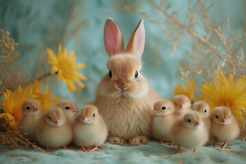 Poster - Bunny and Baby Chicks. An adorable photo of the Easter Bunny surrounded by fluffy baby chicks, symbolizing the renewal and rebirth of springtime