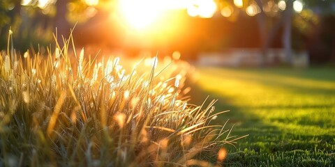 Wall Mural - Sunlit meadow with delicate grass flowers capturing enchanting beauty of nature at sunset picturesque landscape bathed in golden sunlight perfect for illustrating and freshness of summer evening