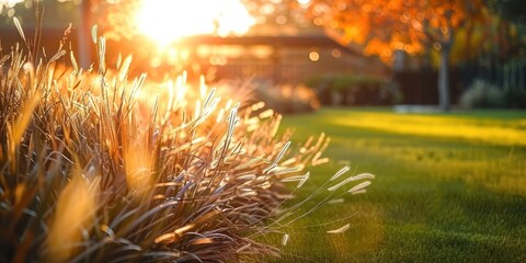 Wall Mural - Sunlit meadow with delicate grass flowers capturing enchanting beauty of nature at sunset picturesque landscape bathed in golden sunlight perfect for illustrating and freshness of summer evening