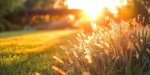 Wall Mural - Sunlit meadow with delicate grass flowers capturing enchanting beauty of nature at sunset picturesque landscape bathed in golden sunlight perfect for illustrating and freshness of summer evening