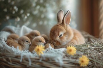 Wall Mural - Bunny and Baby Chicks. An adorable photo of the Easter Bunny surrounded by fluffy baby chicks, symbolizing the renewal and rebirth of springtime