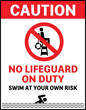 © POSMGUYS - No lifeguard on duty, swim at your own risk. A sign to warning swimmers that there is no lifeguard on duty at the pool or beach. Vector