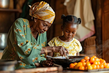 Wall Mural - African grandmother and granddaughter cooking together in the kitchen