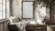 A mockup poster blank frame hanging on a rustic chest, above a luxurious daybed, sunroom, Scandinavian style interior design