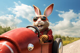 Fototapeta Zachód słońca - The happy easter bunny in sun glasses drives a race car in sunny day