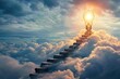 Ascent to Enlightenment Idea Concept - Light Bulb Stairs in Clouds, Visionary leadership inspires transformative change