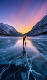 Fototapeta  - skater enjoys an adventure on frozen lake in mountains