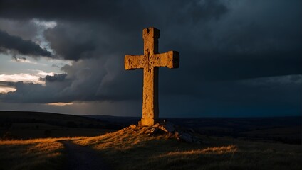 Wall Mural - Cross on the hill with sunset .  Hope and faith concept