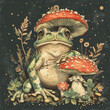 A complementary color scheme illustration of a green frog and a red mushroom, with a whimsical and cute style.