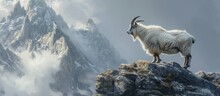 A Feral Goat, Resembling A Goatantelope, Stands Atop A Mountain With Its Horns In The Sky, Surrounded By Clouds