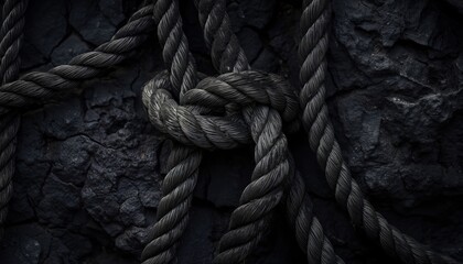 Black background. Rope knot on the black coal background. Close-up.