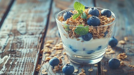 Wall Mural - Yogurt with granola and fresh blueberries, in glass bowl over old wood background. Vintage effect