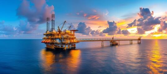 Offshore oil rig platform in late evening on open sea with blue waters, oil drilling industry