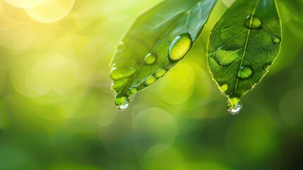 Poster - close up of three droplets in a blurred green background