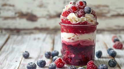 Wall Mural - Healthy blueberry and raspberry parfait in a mason jar on a rustic white wood background